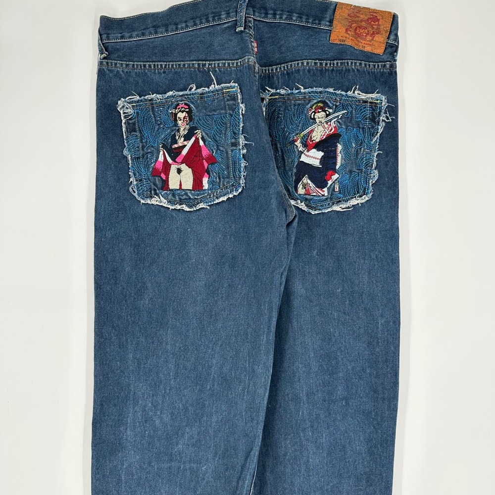 VTG RMC Martin Ksohoh Red Monkey Company Embroidered Geisha Samurai Jeans 36x32